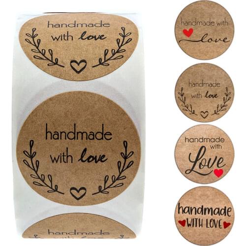 100-500pcs Kraft Natural 1inch Handmade With Love Stickers for Package Thank You Stationery Adhesive Labels Baking Seal labels