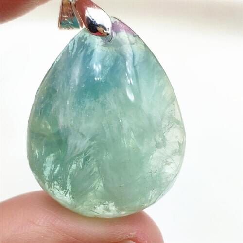 100% Natural Blue Feather Fluorite Quartz Colorful Pendant Women Men Water Drop 30x24x12mm Fluorite Necklace Jewelry AAAAA
