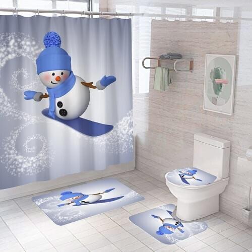 3d Ski Snowman Christmas Shower Curtain Bathroom Curtains Anti-skid Bath Rugs Carpet Toilet Lid Cover Mat Holiday Decoration