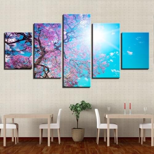 5 Pieces Pink Cherry Blossom Tree Landscape Wall Art Picture for Living Room Hd Print Canvas Painting Nordic Posters and Prints