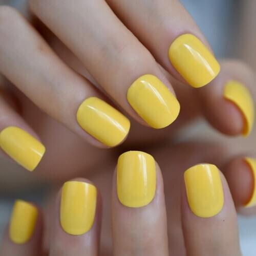 Glossy Neon Yellow Press on False Nails Short Squoval UV Full Cover Fake Fingersnails Extention Tool Easy Wear 24pcs/set