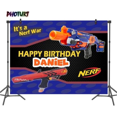 PHOTURT Nerf Gun Photography Backdrop Kids 1st Birthday Party Supply Background Blue Water Gun Toy Vinyl Photo Banner Props