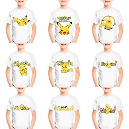 White Tees Shirts Pokemon Pikachu Boy Tshirt Fashion Cotton Half Sleeve Brand T-Shirt Pikachu Printing Kids Tees