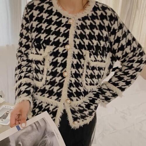 IHOBBY Faux Mink Fur Houndstooth Knitted Cardigan Women Winter Pocket Loose Plaid Sleeveless Cardigan New Fashion Outwear