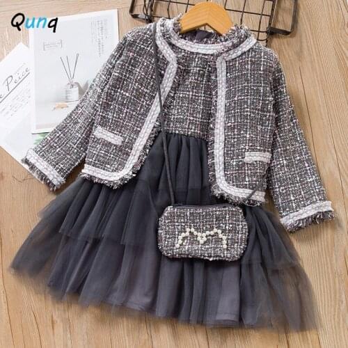 Qunq Boutique Girls Clothing Set 2021 New Spring Fall Elegant Kids Clothes Coat Sleeveless Dress with Bag Children Costume