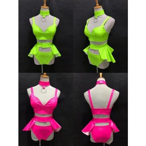 Bar Nightclub DJ Pole Dancing Gogo Costume Fluorescent Green Rose Bikini Outfit Club Party Rave Stage Wear Dancer Sexy Clothes