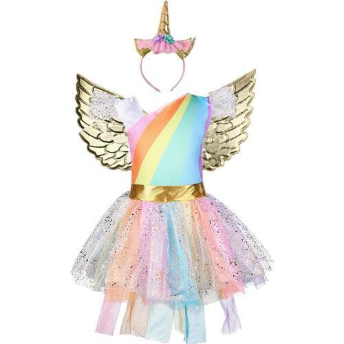 Halloween Girls Unicorn Costume Rainbow Pony Birthday Tutu Outfits Sparkle Tulle Fancy Dress Up Party Dress With Headband Wings