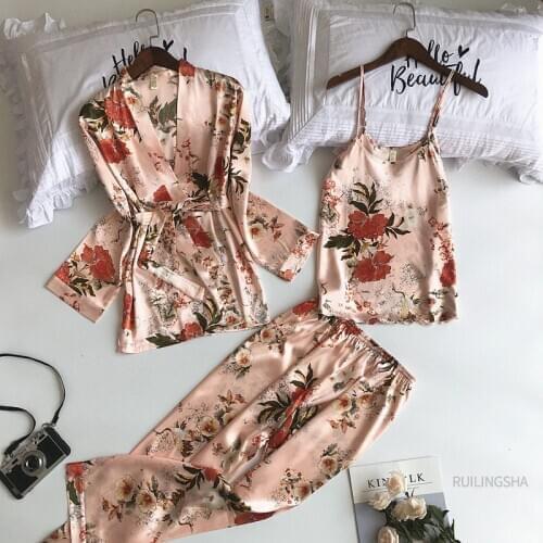 Summer Silk 3 pieces Robe Sets Women Satin Flower Print Kimono Lingerie Plus Size Sexy Nightgowns Sleepshirts Sleep Dressing Set