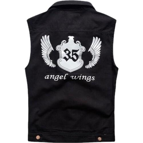 Men Denim Vest Hole Sleeveless Jean JacPersonality Slim Wave Mens Casual Cowboy Horse Clip Cowboy Vest Black Print Cowboy Vest