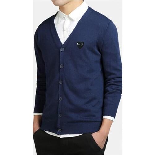 PLAY Men Cardigan Embroidery Heart Cartoon V-neck Long-sleeved Single-breasted Cotton Spring Autumn Loose Casual Sweater