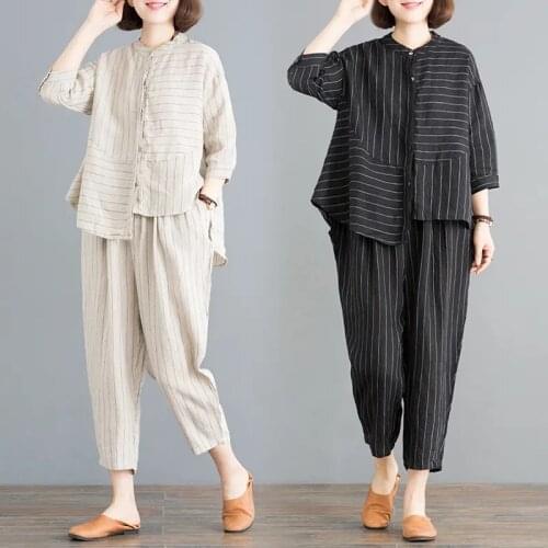 Large Size Women Cotton Linen Suit Summer New Loose Fashion Striped Half Sleeve Shirt Wide-leg Nnine-point Pant Two-piece aq924