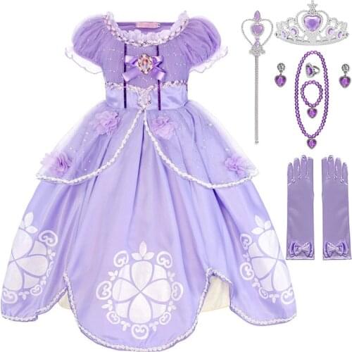 Princess Sophia the First Girls Party Dress up Puff Sleeve Ankle Length Sequined Tulle Fancy Kids Birthday Cosplay Costume Dress