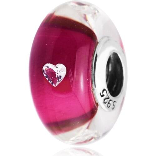 Fits Pandora Bracelet Original 925 Sterling SilverCerise Heart Glass Charms Murano Beads for Jewelry Making Kralen Bijoux