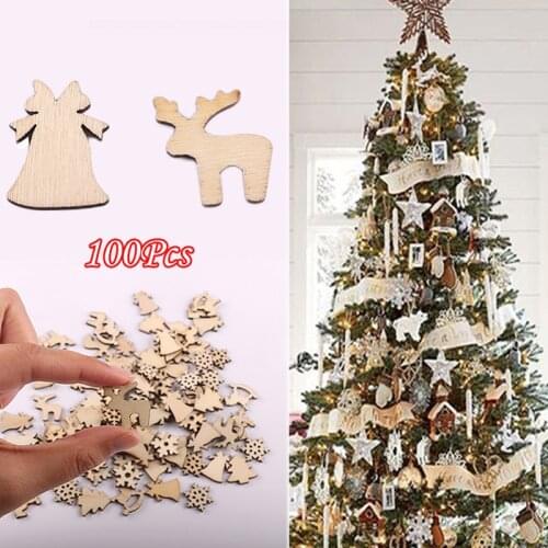 100pcs Christmas Decoration Wooden Snowflake Christmas Tree Deer Natural Wooden DIY Christmas Tree Hanging Ornaments