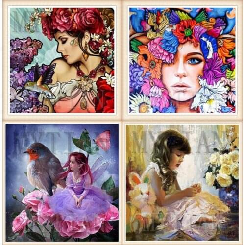 Full square/round drill Handcraft Embroidery Rhinestones Cross Stitch Diy Diamond Painting Girl with Flower Home Decor gift