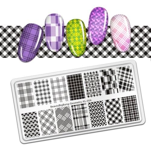 BEAUTYBIGBANG Rectangle Plaid Pattern Nail Art StampTemplate Geometric DIY Manicure Checked Design Image Plate Nail Art Tools