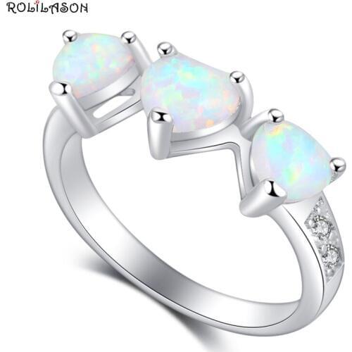 ROLILASON Anniversary Rings for Women White Fire Opal 925 Silver Brand Fashion Jewelry Rings USA Size #6#7#8#9#10 OR862