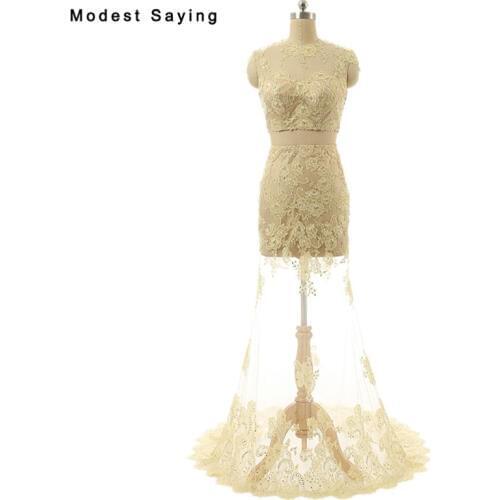 Sexy Sheer Champagne Mermaid Crop Top Beaded Lace Evening Dresses 2017 Formal Women Party Prom Gowns vestidos de festa longo