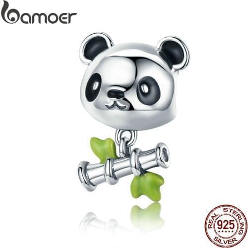 BAMOER Real 100% 925 Sterling Silver Lovely Bamboo & Panda Animal Charm fit Girls Charm Bracelet DIY Jewelry Girls Gift SCC325