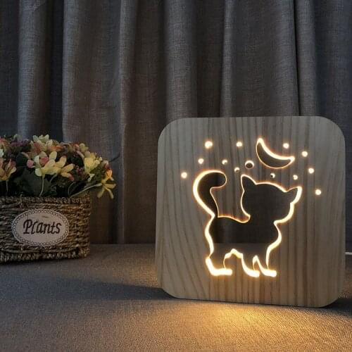 Lovely Wood Cat Lamp Creative Hollowed-out Wood Cat Table Lamp USB LED Night Light for Children Christmas Gift