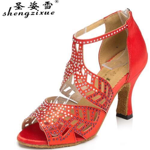 WUXIJIAO The New Brand Black Red skin satin Latin dancing shoes high-grade bottom Salsa Party Ballroom shoes 7.5cm