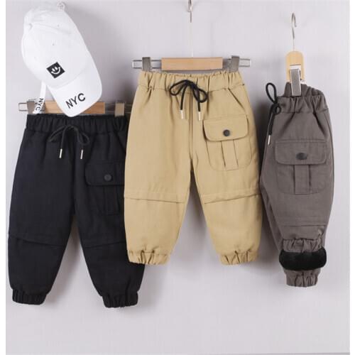Thicken Baby Boys Girls Cartoon Clothing Warm Children Plus Velvet Trousers Infants Pocket Sport Kids Casual Letter Long Pants