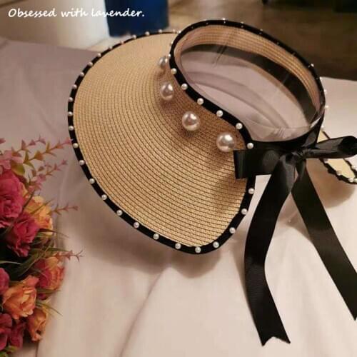 Obsessed with lavender.Pearl Hat Bow Ribbon Hat Beach Holiday Sun Beach Hat Women