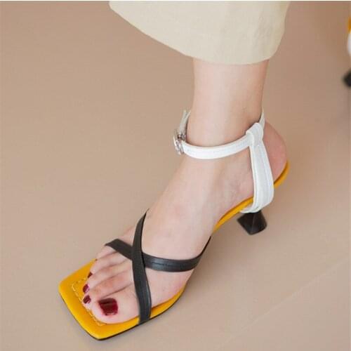 2020 Fashion Woman Sandals Woman Pumps Genuine Leather Brand Design Shallow Casual Square Toe Thin High Heels Shoes Woman
