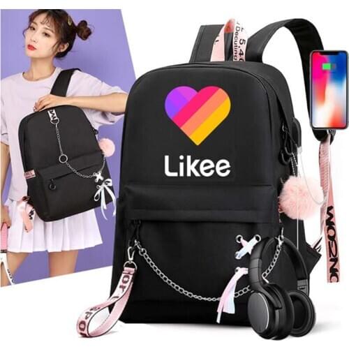 Usb Charging Women Backpack Likee Mochila Travel Backpack Bag Teenage Girls Fashion Canvas "LIKEE 1 (Like Video)" School Bags