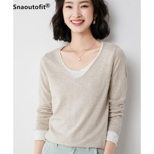 Fake Two Pieces Of V-Neck Pullover Sweater Women Spring Autumn Thin Loose Korean Style With Long-Sleeved Wool Bottoming Shirt