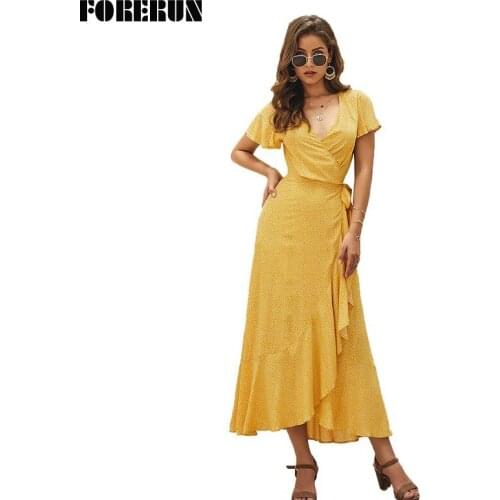 FORERUN Summer Boho Dress Women Long Deep V Neck Floral Dresses High Waist Split Bohemian Sashes Vestidos Verano 2020 Mujer