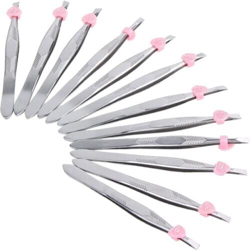 12Pcs/Set Stainless Steel Slanted Eyebrow Tweezers Face Hair Removal Clip Makeup Tool Ladies Cosmetics Beauty