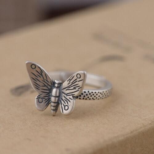 FNJ 925 Silver Animal Butterfly Ring Original Pure S925 Sterling Silver Rings for Women Jewelry Open Adjustable Size