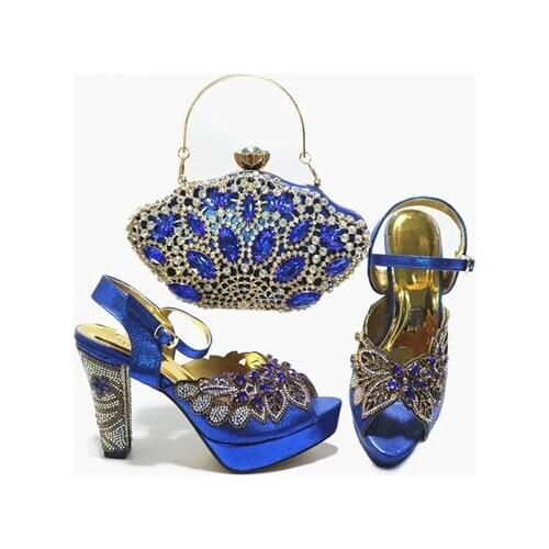 Doershow good price African Wedding Shoes and Bag Set blue Italian Shoes with Matching Bags Nigerian Women party!!HAL1-14