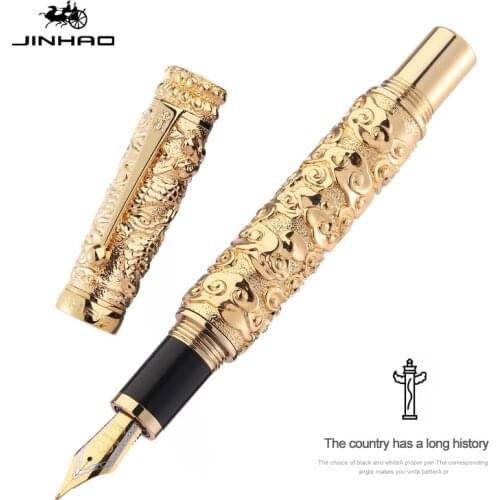 JINHAO Vintage Luxurious Metal Fountain Pen Dragon Cloud Heavy Big Pen Medium Nib Golden Color Carving Embossing