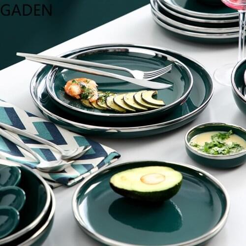 Nordic Silver-edge Ceramic Tableware Household Plates Kitchen Supplies Living Room Table Decoration Plate Soup Bowl Noodle Bowl