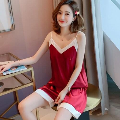 Women Pajamas Set Cami Shorts Pj Set Sexy Sleepwear 2pc Lingerie V Neck Nightwear Backless Spaghetti Strap Patchwork Loungewear