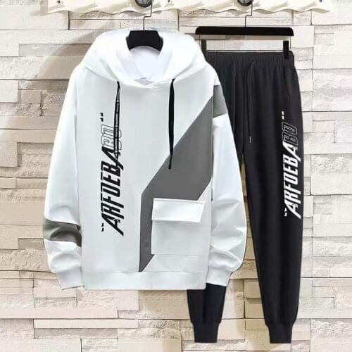 Korean fashion Streetwear Mens Hoodie Sweatpants 2 Piece Casual White Sets Man Women Sweatshirt Set Autumn Men Fashion Suits