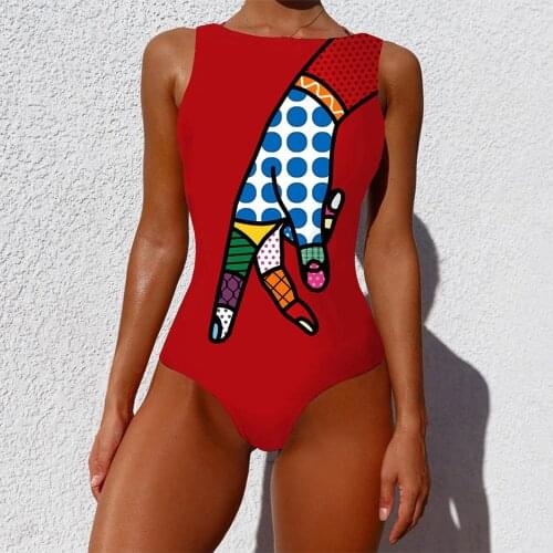 Swimming Suit Women Swimsuit Sexy Swimwear Graffiti Abstract Print Wide Straps High Neck Backless One Piece Bodysuit Monokini