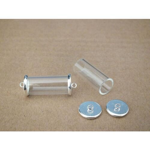 Small Tube shap glass vial Two identical silver plated cap wishing bottle Diy glass necklace pendant 28x12mm