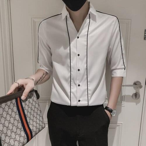 2021 Mens Summer Shirt Social Fitness Leisure Handsome Middle Sleeve Fashion Formal Occasions White Black College New