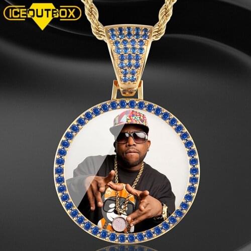 Custom Picture Memory Medallions Solid Pendant Necklace Spcial Blue Crystal Hip Hop Jewelry Personalized Cubic Zircon Chains