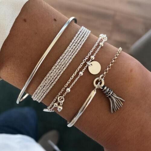 Bohemian Retro Simple Chain Beaded Bracelet Set Vintage Jewelry Disc Tassel Charm Bracelets For Women Men Layering Bangle Bijoux