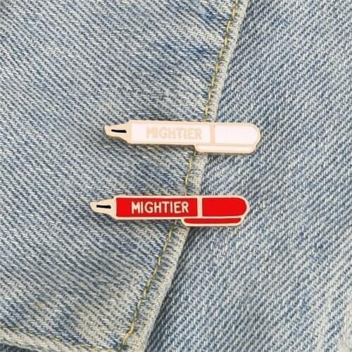 Small Pen Pins MIGHTIER Cartoon Brooches Creative Metal Enamel Badges Lapel Denim Jackets Metal Button Jewelry Gifts For Teacher
