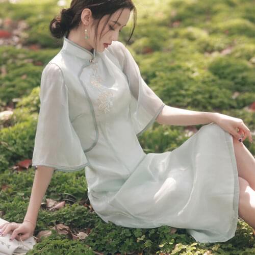 Cheongsam Dress Modern 2021 Chinese Retro Summer Chiffon Dress for Girls 2021 Oriental Party Women Qipao Slim Dresses Vestidos