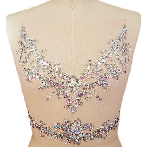 HANDMADE 29x38cm Neckline Waist belt Wedding Decoration Sequin Crystal Beaded Sew on Dress Appliques Patch for clothes diy