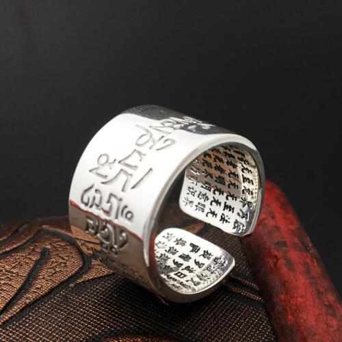 S999 Sterling Silver Jewelry Personality Simple Six Words Scripture Classic Men Open Ended Retro Thai Silver Ring