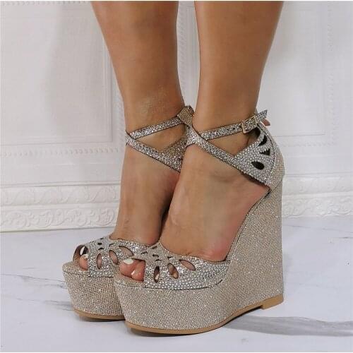 MKKHOU Fashion Sandals Womens New Summer Shoes Gold Sequin Hollow Platform Shoes Ladies Casual Wedges High Heels Extra Large