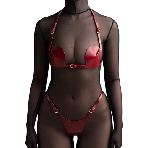 2021 New Gothic Style Womens Underwear Set Leather Sexy Tight Body Bondage Adjustable Drawstring Bra Ladies Garter Thigh Belt