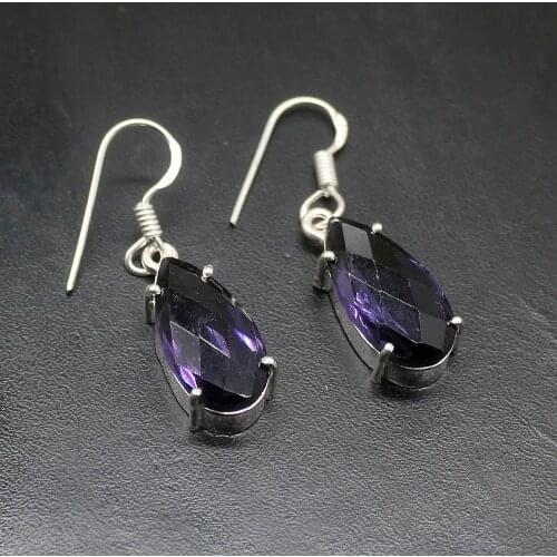 Glowing Teardrop Purple Amethystt Silver Color For Women Ladies Hook Drop Dangle Earrings 1 3/8 Inch HD847